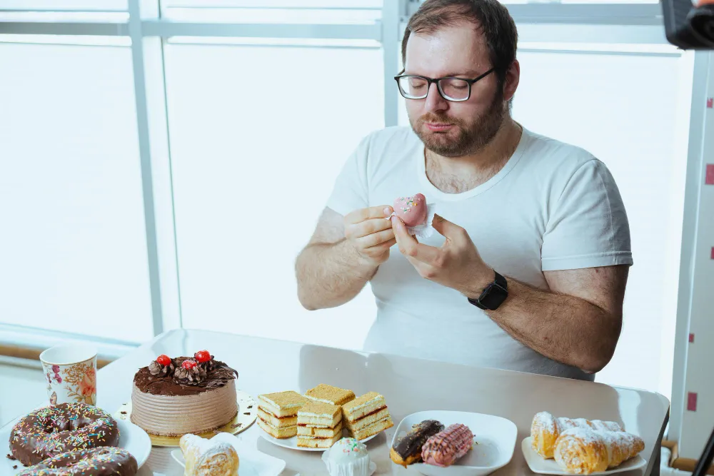 Man eating sweets and pastries, highlighting dietary factors associated with Jacksonville Men’s Clinic obesity care.