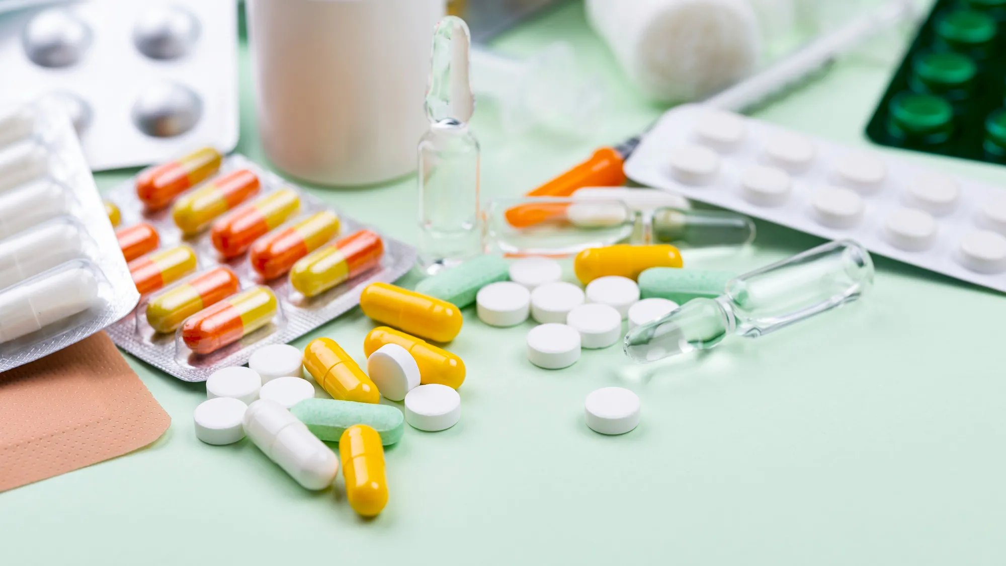 Medications and healthcare supplies representing an Online Health Clinic.