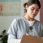 Nurse in gray scrubs with a clipboard discussing with a patient in a gym outfit who is looking at a smartphone.