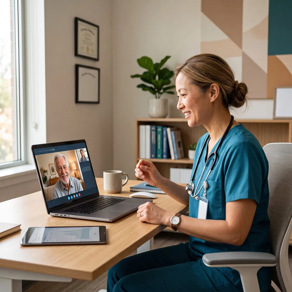 Healthcare practitioner providing virtual care to an older patient through a laptop, illustrating telemedicine services in Jacksonville for accessible patient consultations.