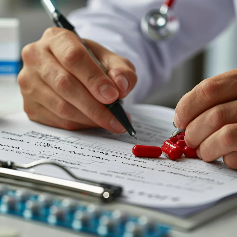 Doctor reviewing prescription medications with a patient as part of comprehensive care at a Family Medical Clinic in Jacksonville, supporting a healthy lifestyle and long-term wellness..