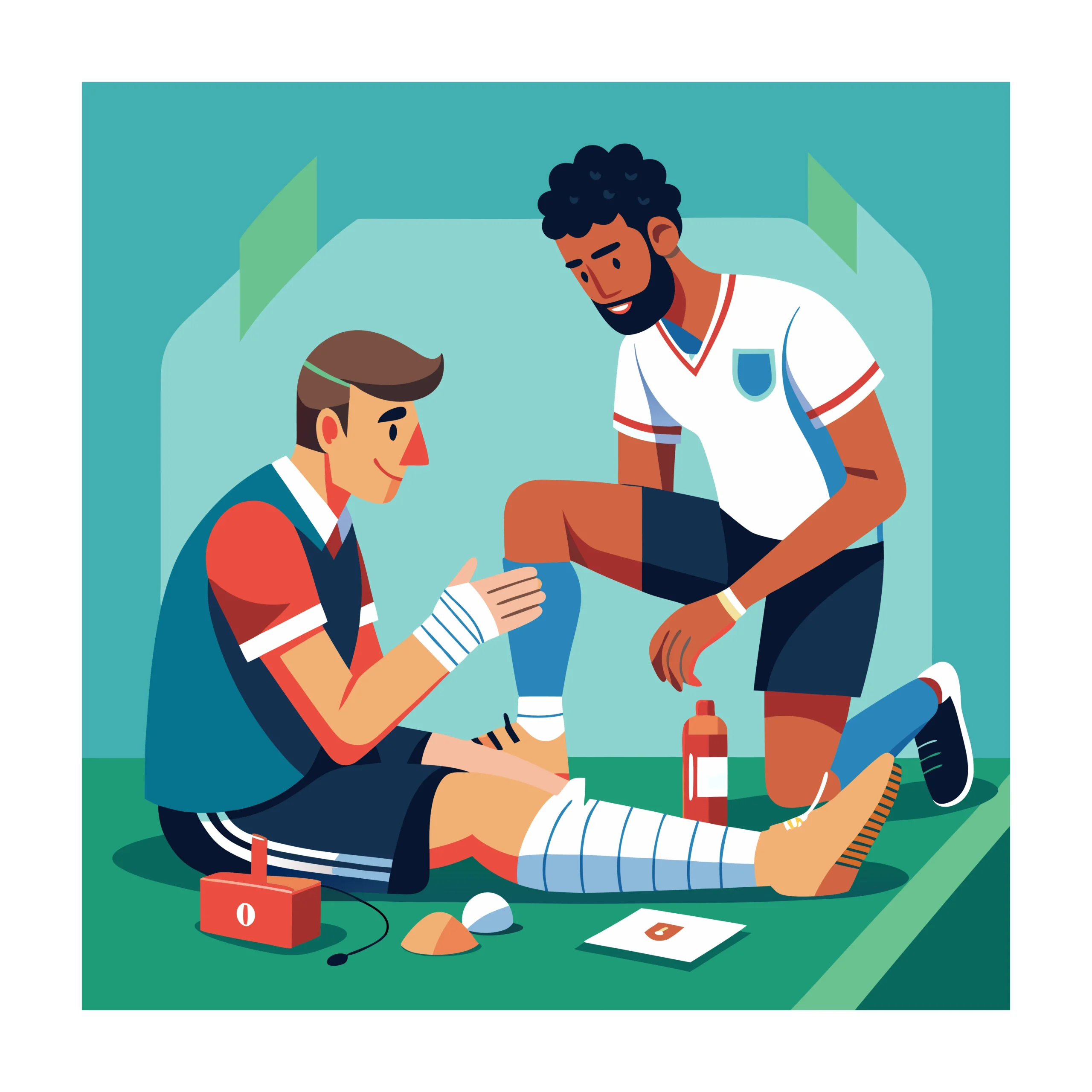 Illustration of a healthcare provider treating an athlete with a leg injury, showcasing injury recovery, rehabilitation, and personal injury medical support
