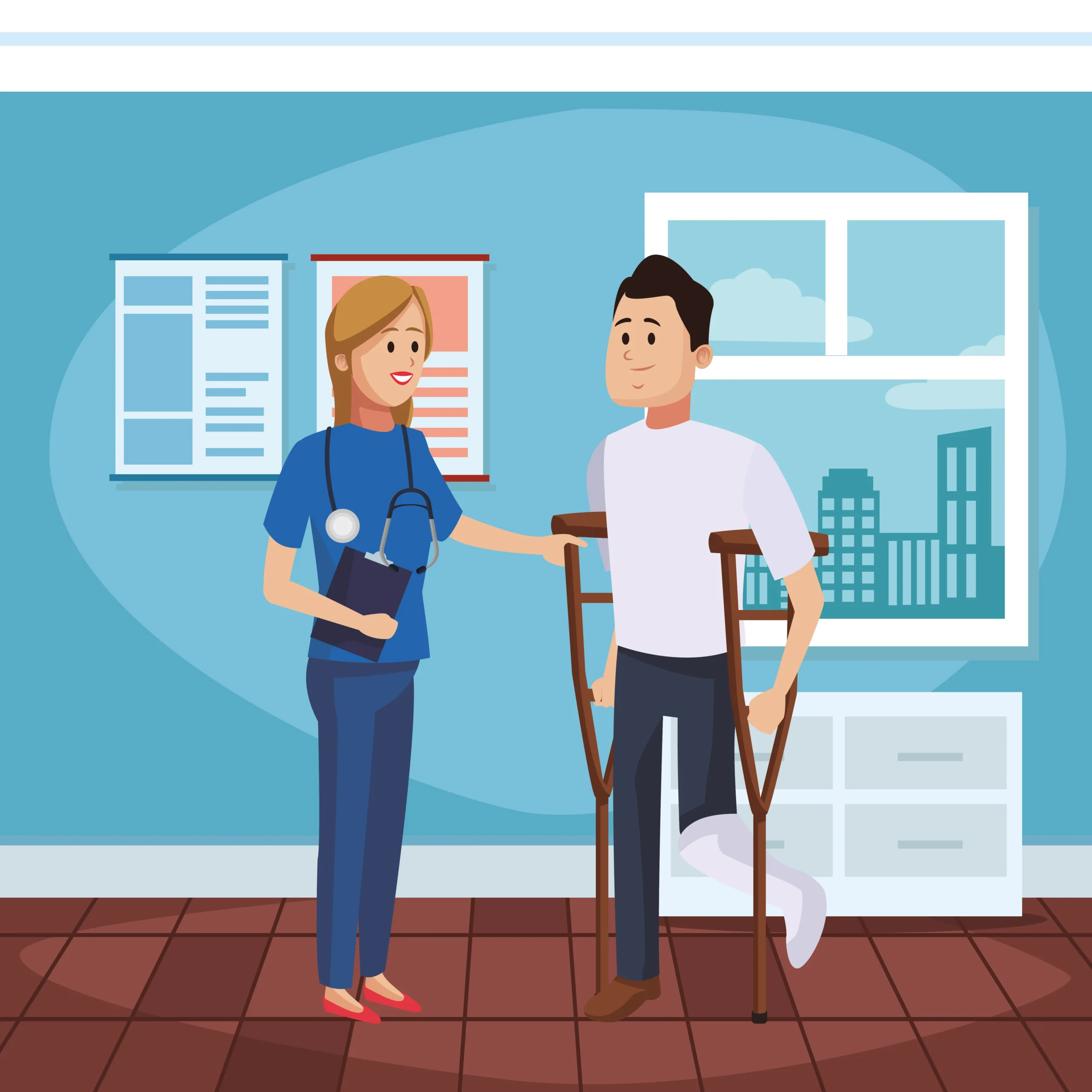 Healthcare professional assisting a patient with crutches at one of the injury care centers in Jacksonville, providing evaluation, treatment, and recovery support after a work-related injury.