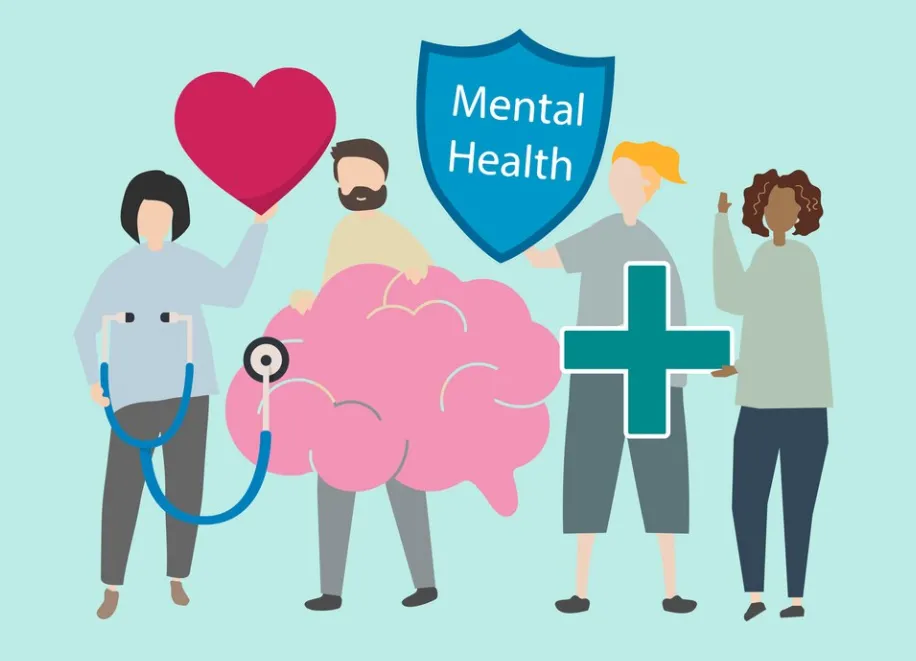 Illustration of mental health awareness with brain and care symbols, symbolizing support from a mental center near me and the importance of holistic behavioral medicine and emotional well-being