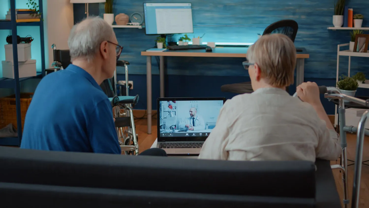 Elderly patients attending a virtual consultation with a doctor via laptop, highlighting the convenience of telemedicine in healthcare and accessible telemedicine services from home