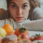 Young woman staring at a mix of healthy foods and sweets, illustrating internal conflict and early warning signs of eating disorders and the need for timely eating disorder treatment