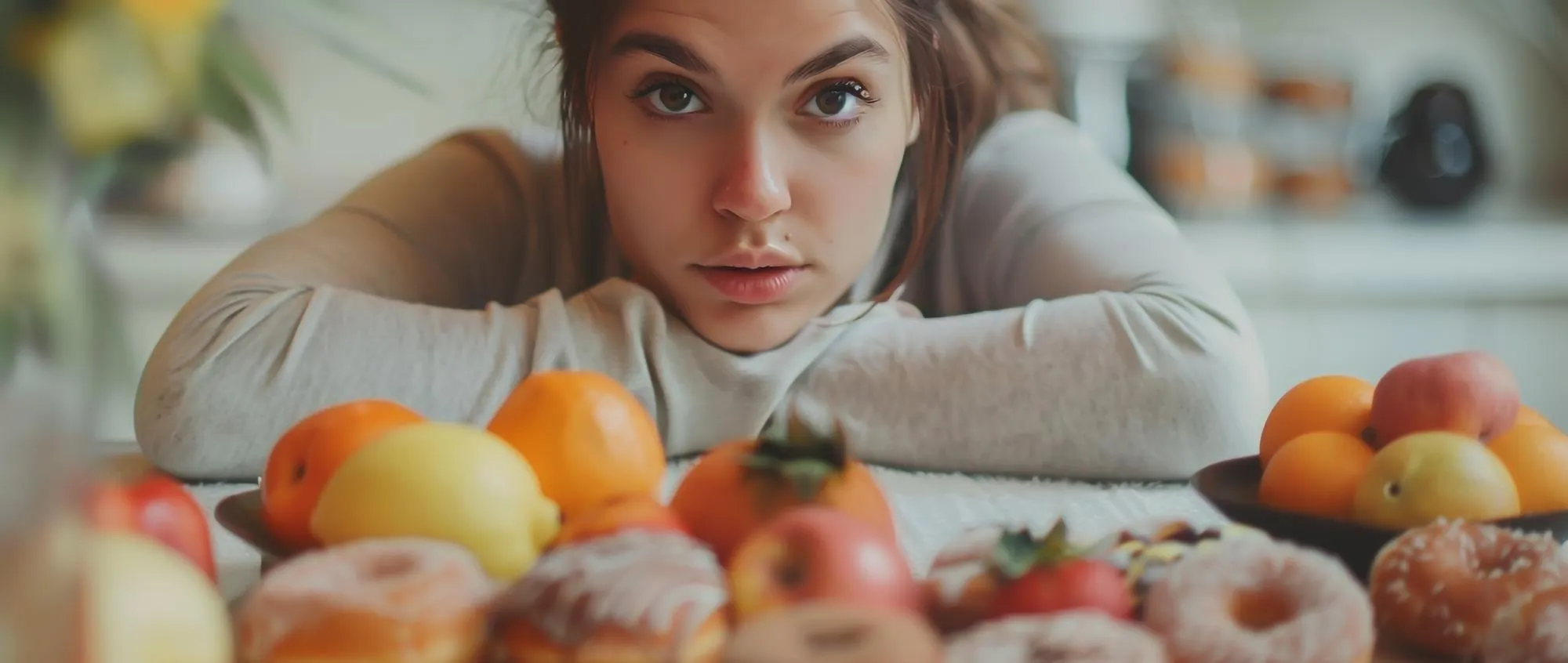 Young woman staring at a mix of healthy foods and sweets, illustrating internal conflict and early warning signs of eating disorders and the need for timely eating disorder treatment