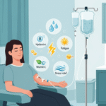 IV infusion therapy treatment for dehydration fatigue and stress relief showing patient receiving vitamin IV drip in professional medical clinic with licensed healthcare provider