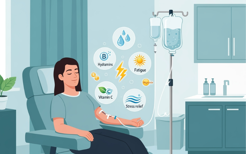 IV infusion therapy treatment for dehydration fatigue and stress relief showing patient receiving vitamin IV drip in professional medical clinic with licensed healthcare provider