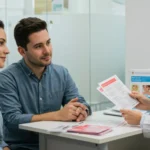 Primary care doctor consulting couple about healthcare options at a modern primary care clinic