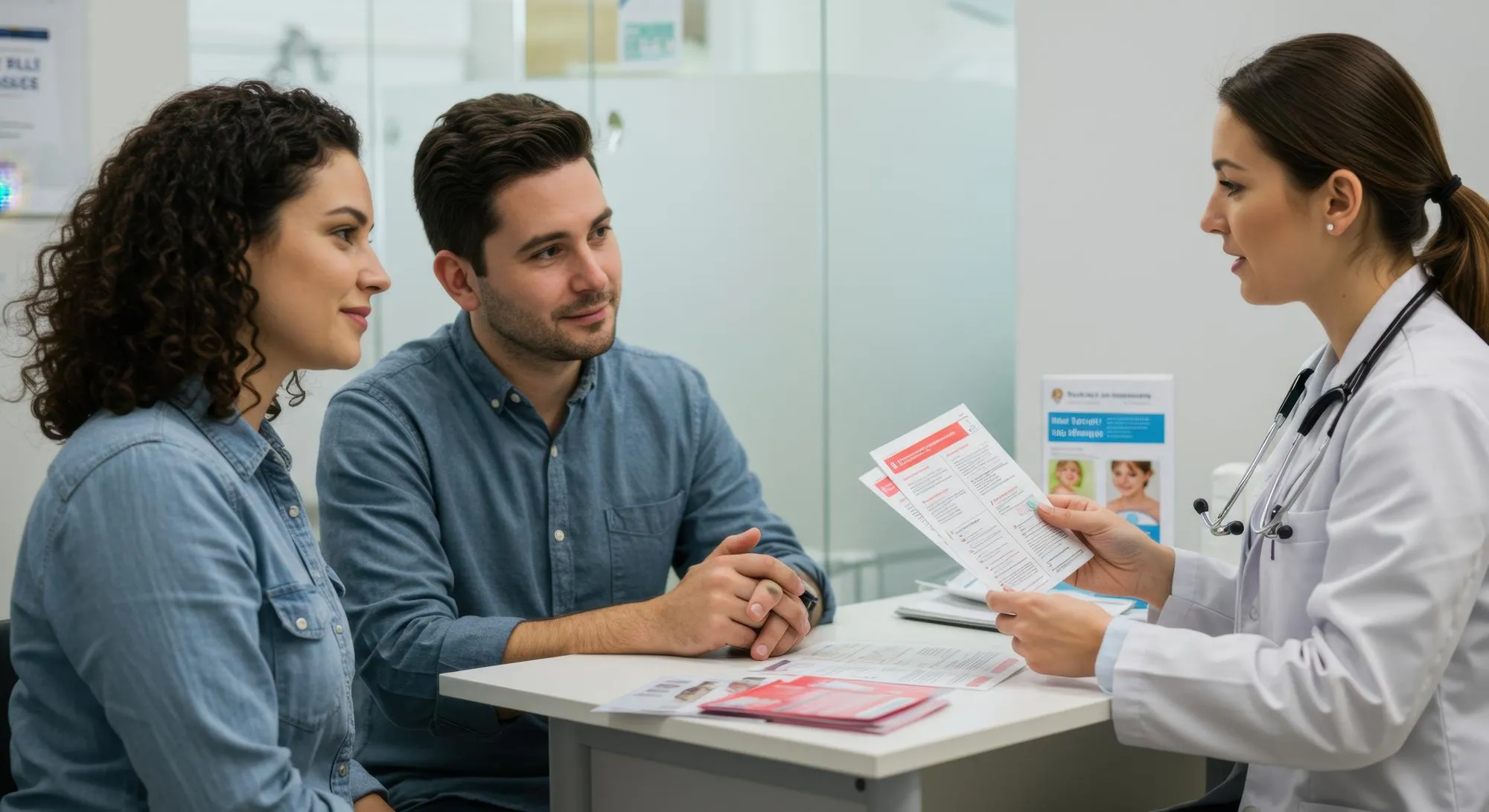 Primary care doctor consulting couple about healthcare options at a modern primary care clinic