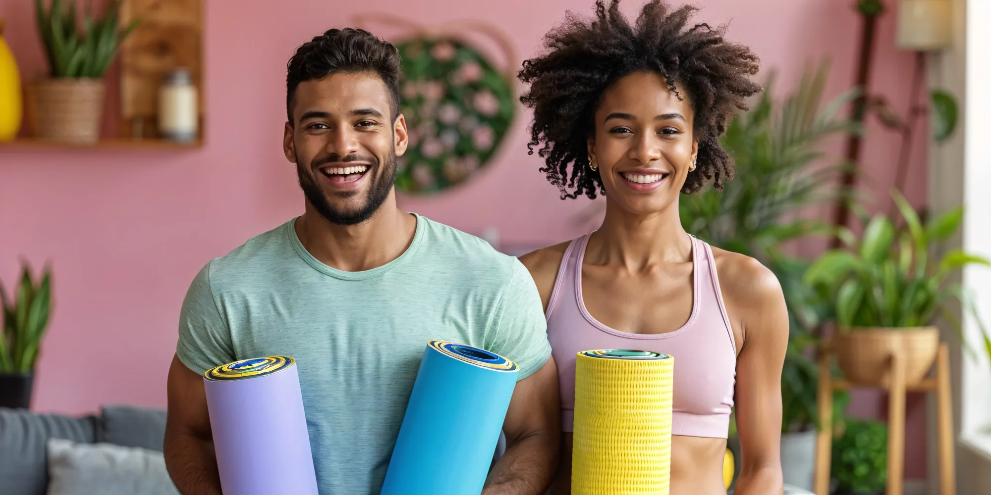 A smiling couple holding yoga mats, representing the importance of regular wellness physicals, preventive care, and maintaining an active, healthy lifestyle through consistent wellness health check ups and fitness routines