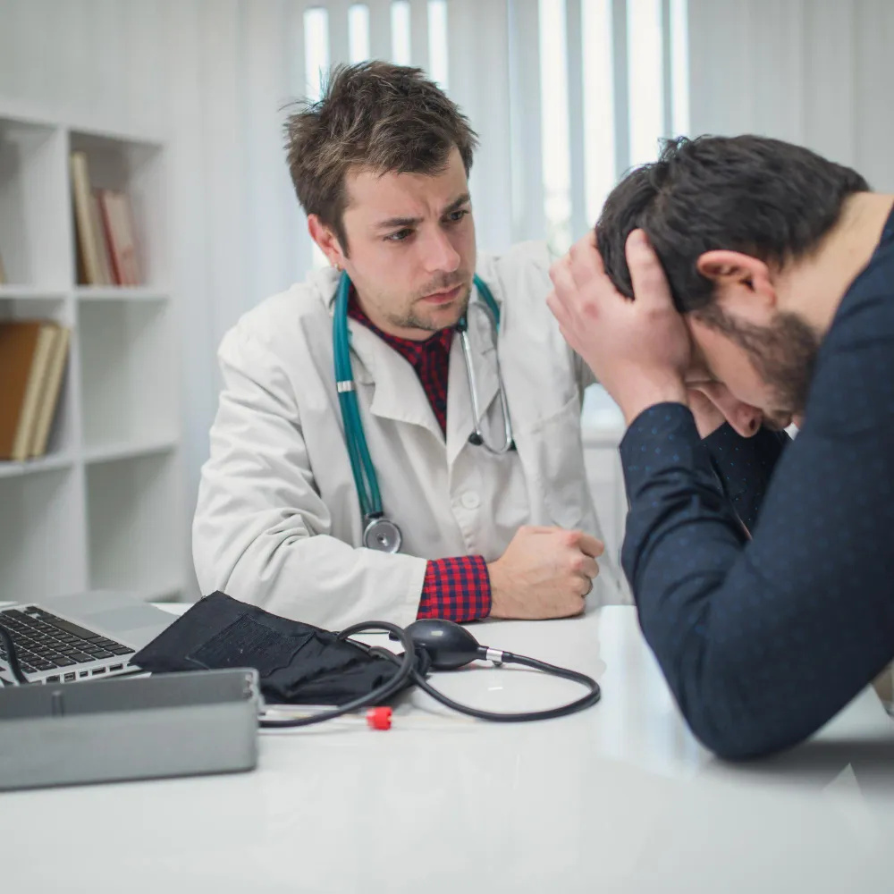 A healthcare provider offering emotional support to a distressed patient, highlighting compassionate care from an experienced men’s health doctor at a trusted Jacksonville men’s health clinic