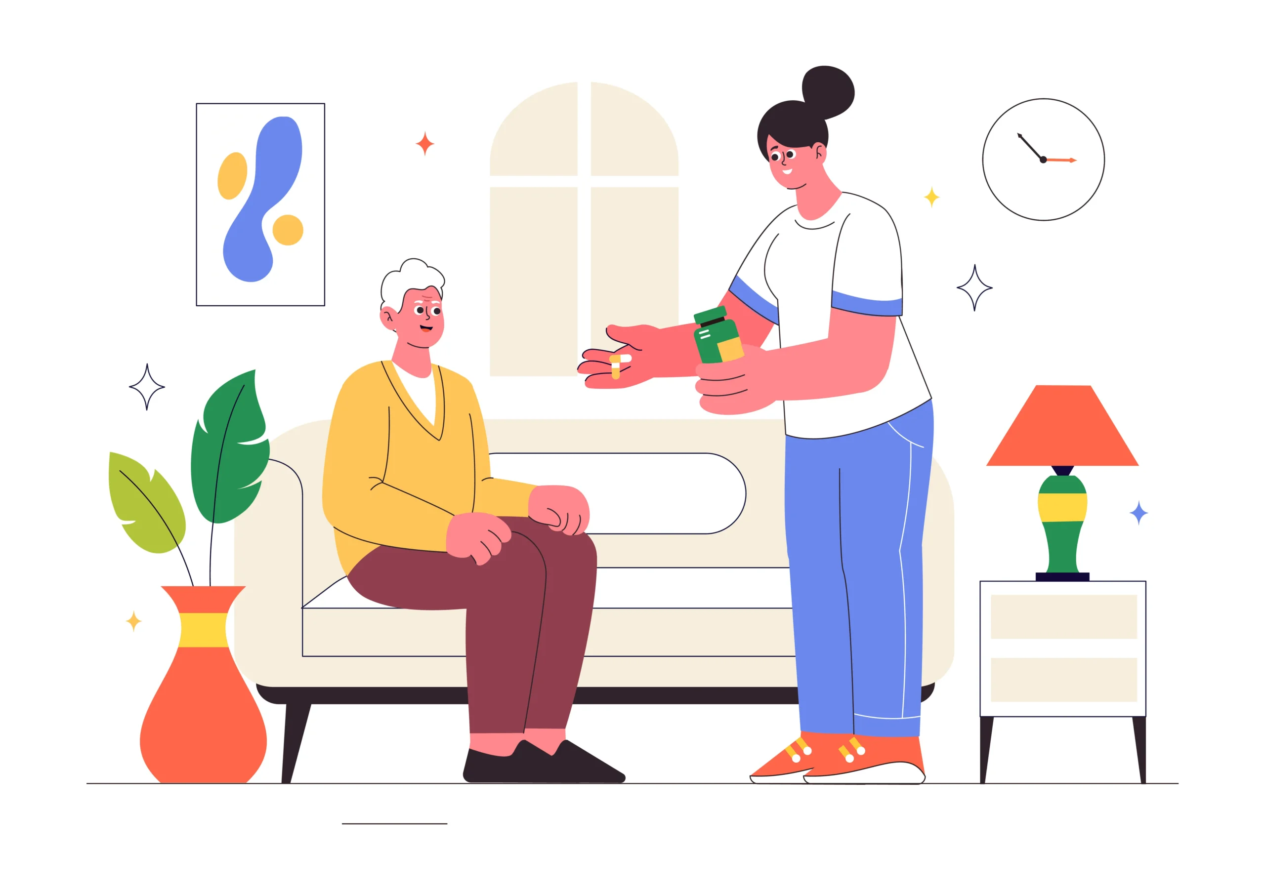 Caregiver standing with pill bottle hands medication to an elderly man sitting on a sofa in a bright living room, with window and plants behind them.