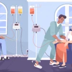 A patient on the left sits with a raised arm connected to an IV, while a nurse or clinician assists a woman seated on a chair on the right; IV bags and tubes are between them in a donation room.