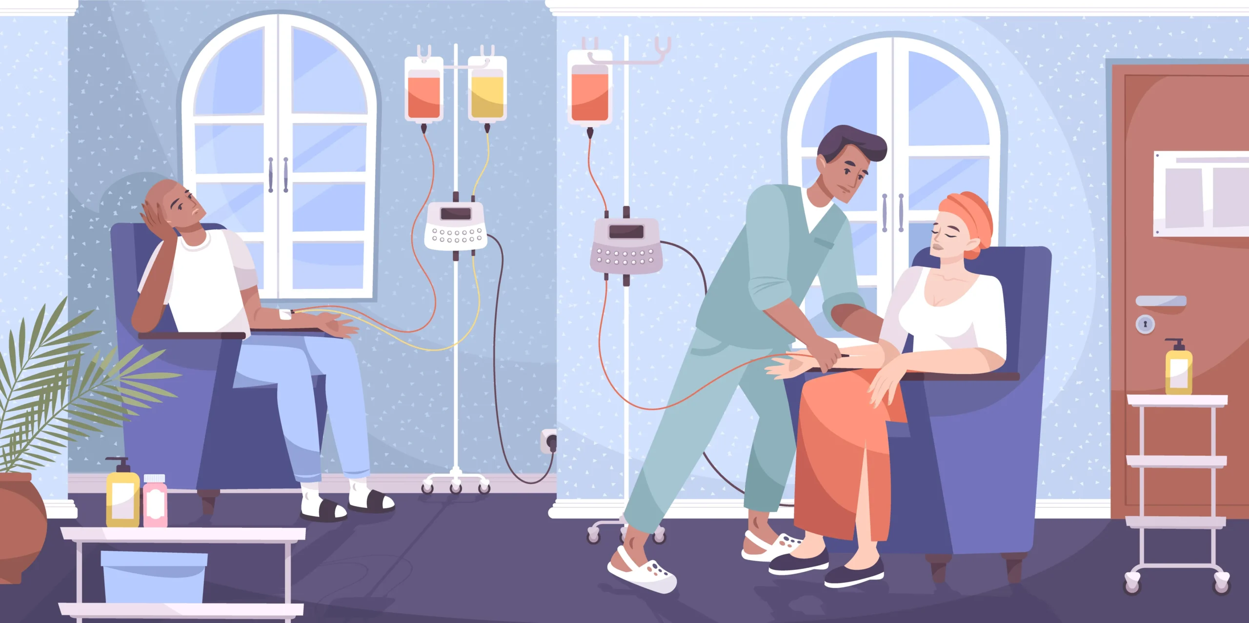 A patient on the left sits with a raised arm connected to an IV, while a nurse or clinician assists a woman seated on a chair on the right; IV bags and tubes are between them in a donation room.