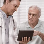 Doctor reviewing health information on a tablet with an older male patient to discuss screening options and testosterone replacement therapy Jacksonville.