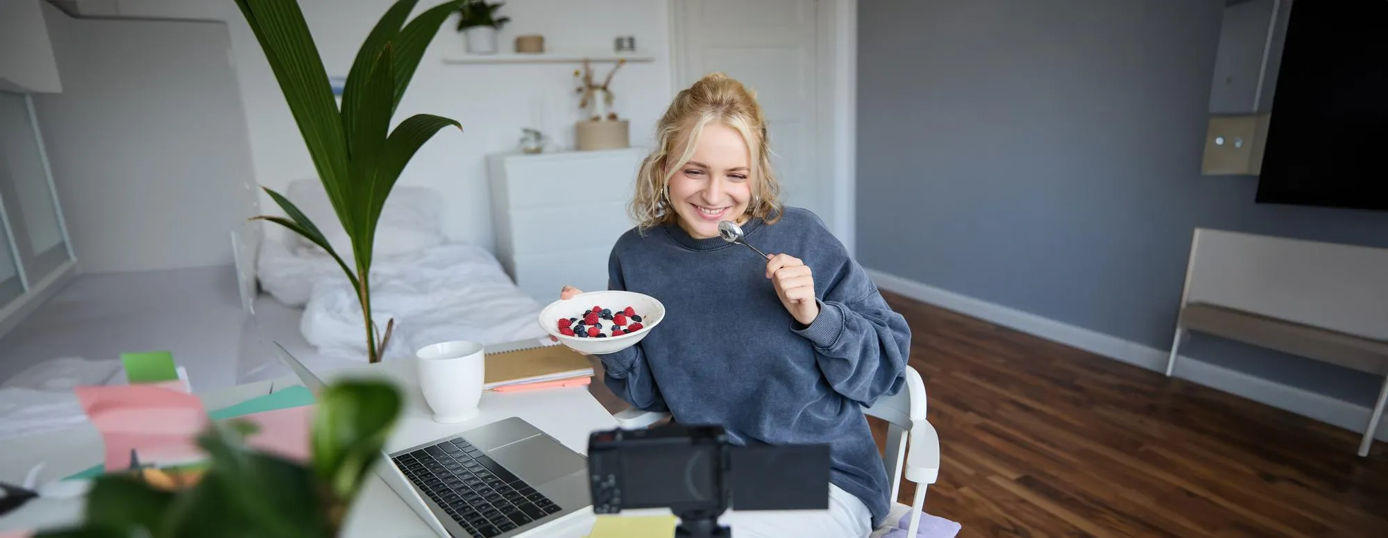 Woman participating in an online health consultation from home with support from a mental health clinic.