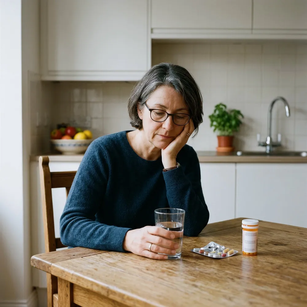 Woman experiencing distress while taking medication, highlighting the need for support from behavioral health centers near me.